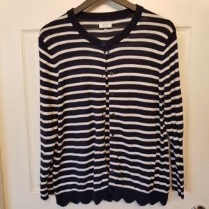 Crown & Ivy Striped Navy and White Button-Front Women's Sweater Cardigan